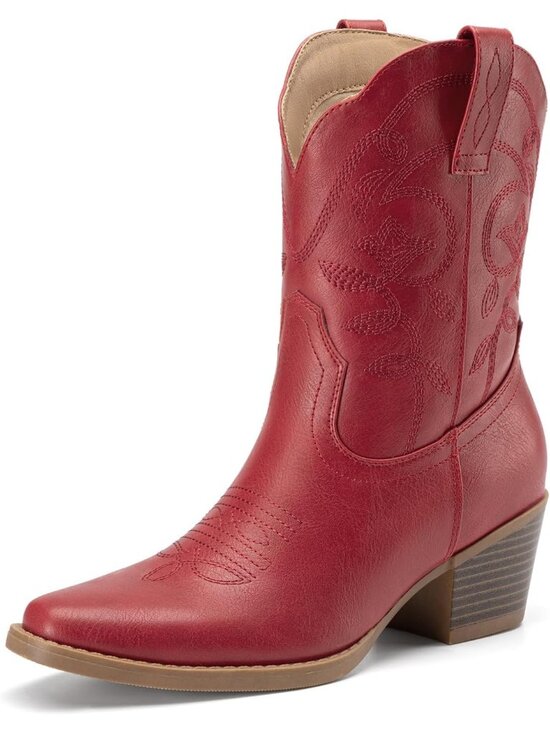 Shoes - Women's Red Ankle Boots Square Toe Low Chunky Heel Embroidery Western Booties